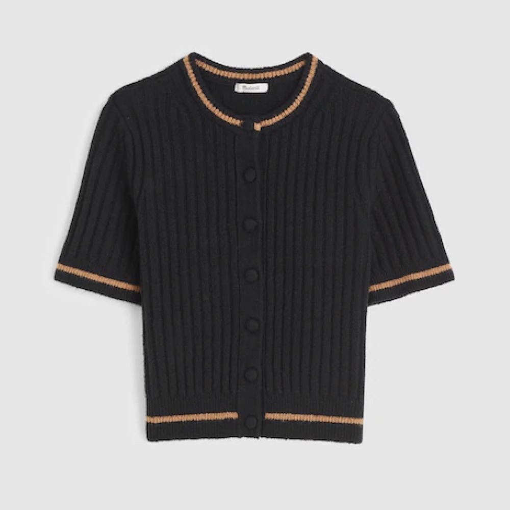 Madewell Short Puff-Sleeve Cardigan Black XS NWT Ribbed Preppy Dark Academia